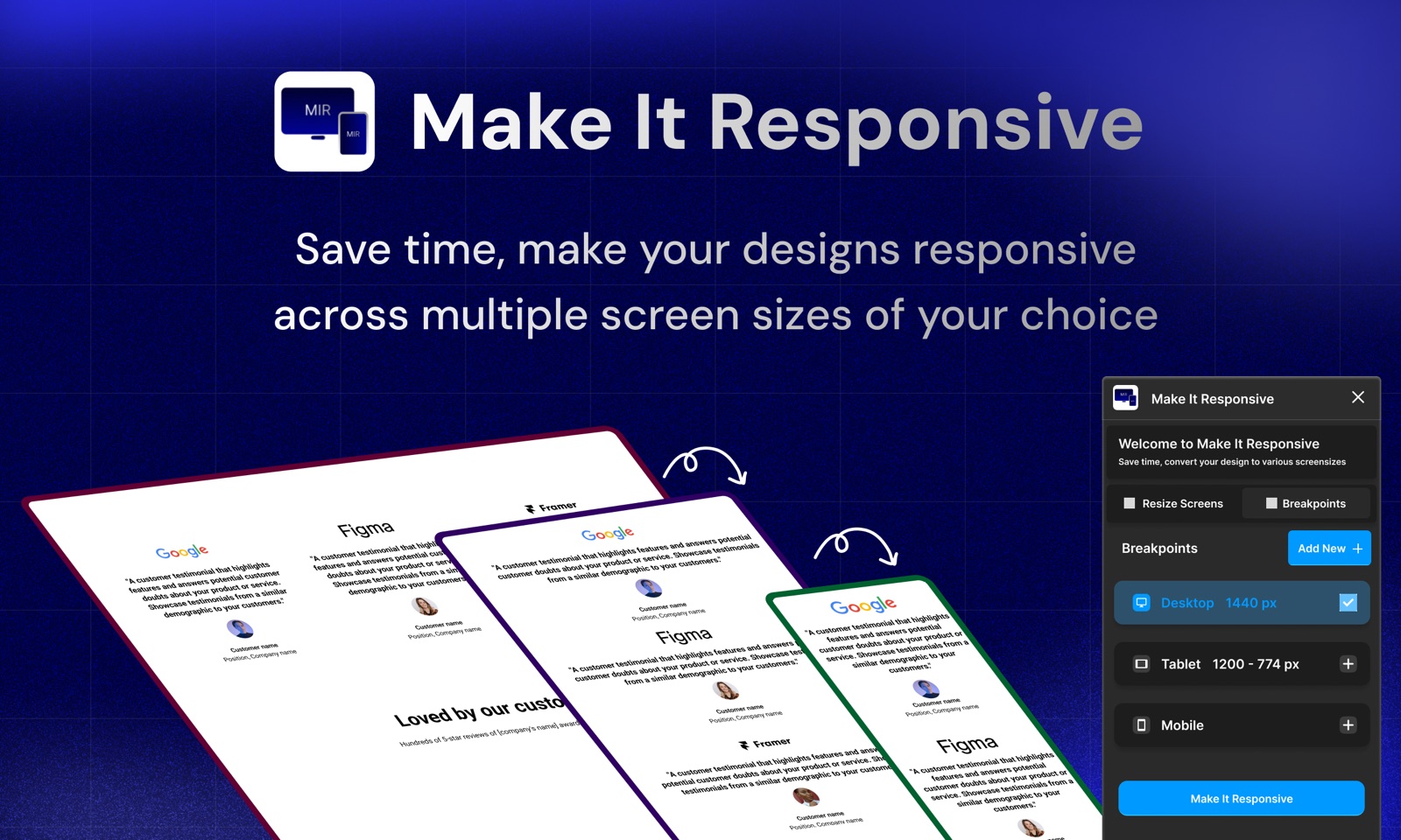 The Make It Responsive panel in Figma, next to a design adapted for desktop, tablet and mobile.